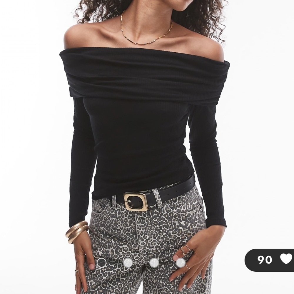 Topshop premium ribbed long sleeve off the shoulder top in black